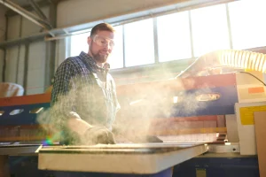 man at wood working desk and dust