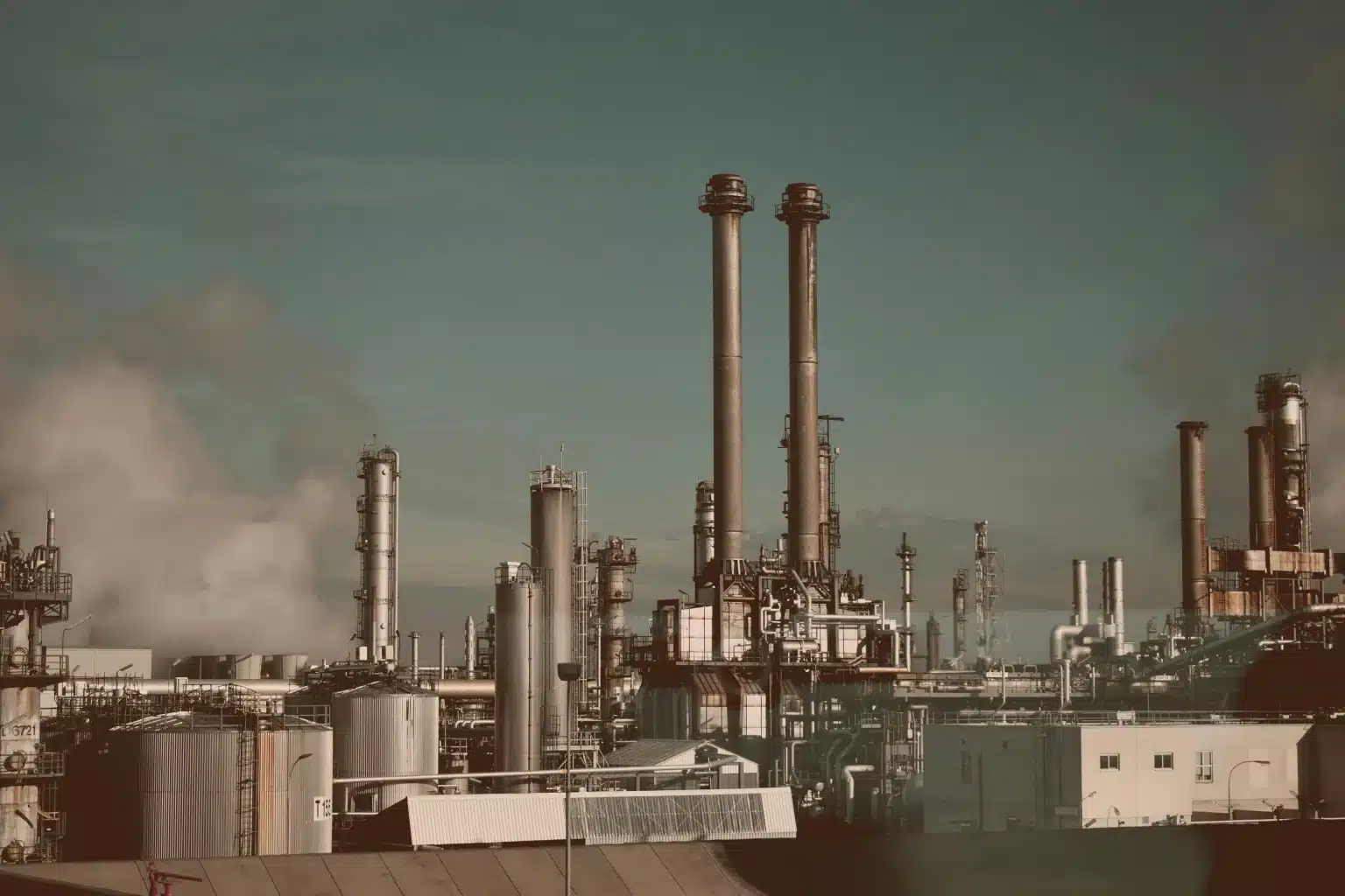 Paint, coating and adhesives explosion prevention large high hazard factory against blue skyline